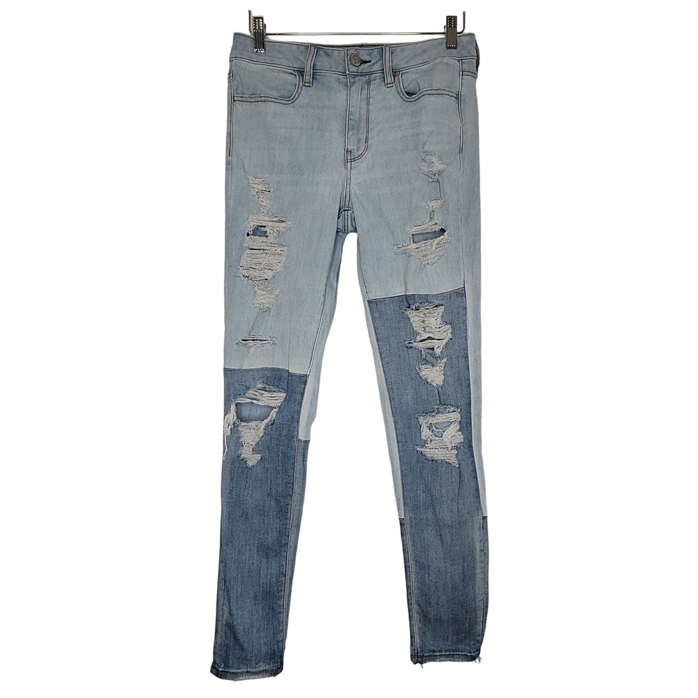 American Eagle Super Stretch X Hi Rise Jegging Size 8R Blue Distressed Denim